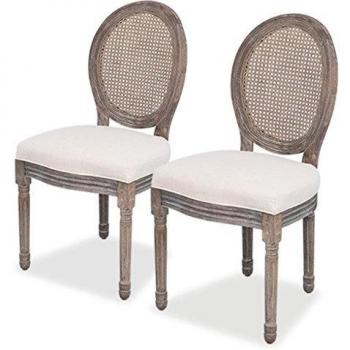 Cream Fabric Dining Chairs Set of 2 with Rattan