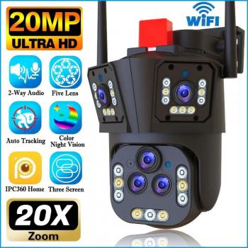 Cámara de vigilancia inteligente WIFI 20MP 10K para hogar, cámara IP exterior inalámbrica con cinco lentes, Zoom 20X y seguimiento automático óptico PTZ