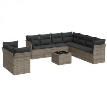 10-Piece Grey Poly Rattan Garden Sofa Set with Cushions