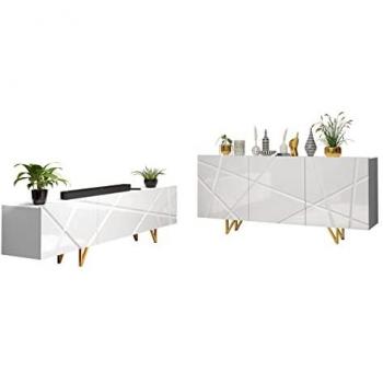Conjunto de salón Merced M102, Blanco y Blanco Brillante, con mesa de TV y equipo adicional, Aglomerado Laminado y MDF, 76 x 37 cm