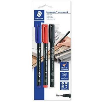 Staedtler Lumocolor Permanent 317 BK3D - Blister con 3 Rotuladores permanentes punta M de 1 mm aprox. colores negro, azul y rojo