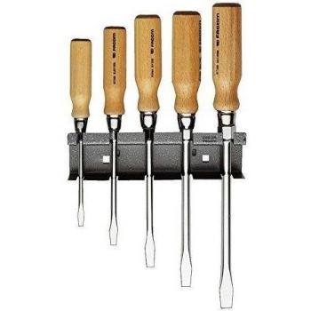 ATHH.JS5 FACOM SET OF 5 WOOD HANDLE SCREWDRIVERS FOR SLOTTED SCREWS - HEXAGONAL FORGED BLADE 5.5X100 - 6.5X125 - 8X150 - 10X175 - 12X200