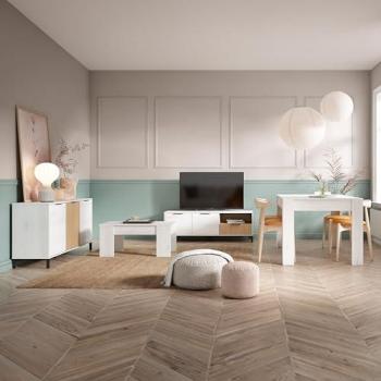 Pack de Muebles de Salón Comedor Tokio Estilo Nórdico Blanco y Roble (Aparador, Mesa de Comedor, Mesa de Centro y Mueble de TV)