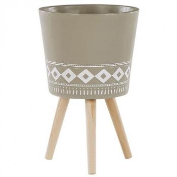 Soporte para Maceta Redondo de Cerámica Gris Pardo 41 x 41 cm con Patas de Madera Maciza Estilo Escandinavo Arta