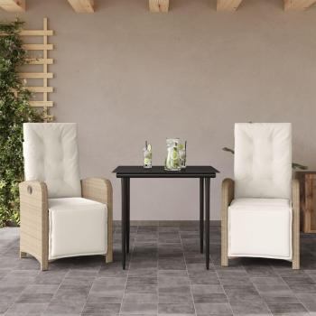 vidaXL 3 Piece Bistro Set with Cushions Beige Poly Rattan - Features adjustable beige reclining chairs, cushions, and a glass top table, suitable for garden or patio use