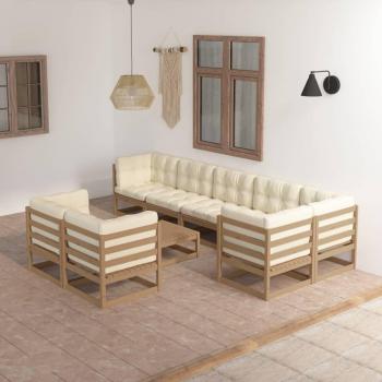 Set de muebles de jardín 9 piezas con cojines en madera maciza de pino marrón