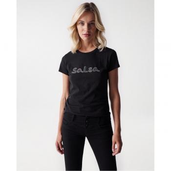 Camiseta de mujer de algodón con logo de abalorios frontal