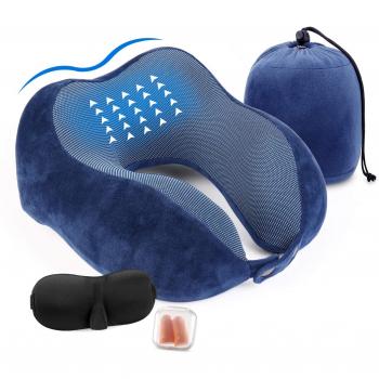 Aidodo Almohada de Viaje Espuma de Memoria Almohada de Cojín Terapéutica del Cuello Soporte en Forma U con Dormir Gafas y Tapones para los oídos para Avión Coche Tren Oficina Utilizar Azul