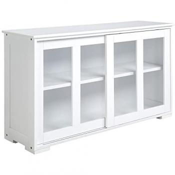 HOMCOM Aparador de Cocina Moderno Apilable Mueble Auxiliar con 2 Puertas Corredizas de Vidrio y Estante Ajustable 107x33x62,5 cm Blanco