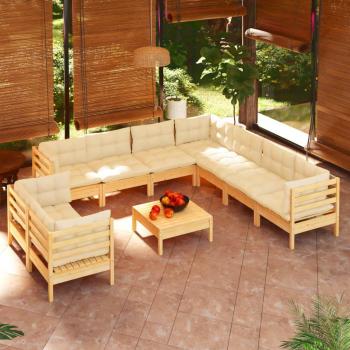 10-Piece Solid Pinewood Garden Lounge Set with Cream Cushions