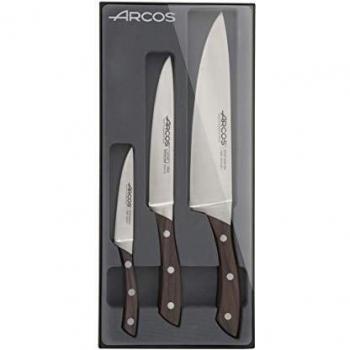 Arcos Natura, Juego de Cuchillos 3 piezas, Mondador + Cuchillo Cocina + Cuchillo Chef, Acero Inoxidable Forjado Nitrum, Mango Madera Palisandro Color Marrón