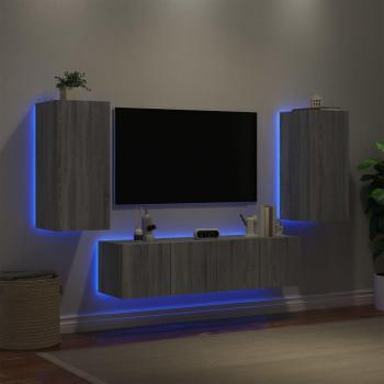 Mueble TV de pared con LED 4 piezas gris Sonoma madera multicapa
