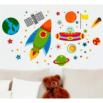 Nave espacial de cohetes pegatinas Espacio exterior OVNI planetas Aprendizaje Pegatinas de pared Calcomanías para niños Dibujos animados calcomanías infantiles murales gráficos pegatinas