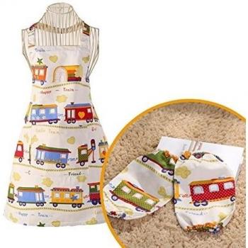 SewForever Delantal, Kitchen Apron Bus Train Print Apron with a pocket and oversleeves
