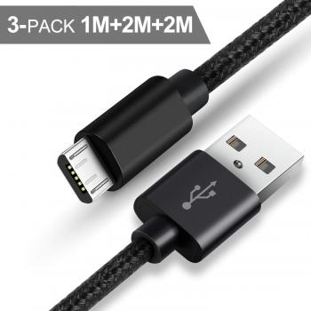 Cable Micro USB SUCESO[3Pack,1M 2M 2M]Carga Rápida Cargador Móvil Trenzado de Nylon Cargador Micro USB Compatible con Android,Samsung Galaxy S7/S6,Kindle,Nexus,Huawei,Xiaomi,Sony,Motorola y más-Negro