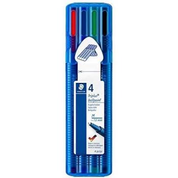 Staedtler Noris Triplus Ball 437 MSB4. Bolígrafos con punta de bola y anchura media. Caja con 4 bolígrafos de colores variados.