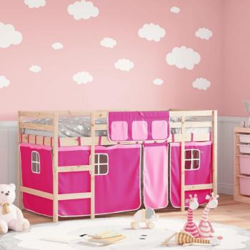 Cama alta para niños con cortinas de madera de pino rosa 80x200 cm