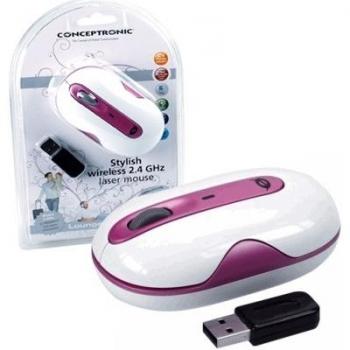 Conceptronic Elegante Ratón láser de inalámbrico a 2,4 GHz - Ratón, USB, Wireless, Laser, 800/1600 DPI, Windows 2000/XP/Vista, Mac OSX, Linux, Rosa