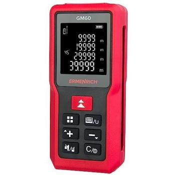 Medidor láser Ermenrich Reel GM60 - Medidor láser con precisión de ±1.5 mm, rango de medición de 0.05 a 60 metros, pantalla LCD retroiluminada, función de cálculo de área