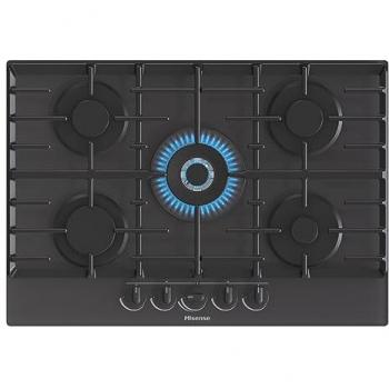Placa de gas Hisense GG773B, 75 cm, 5 quemadores, diseño elegante, vidrio templado, negro