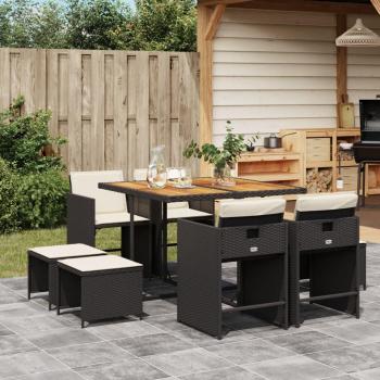 Set de comedor de jardín 9 pzas con cojines en ratán sintético negro