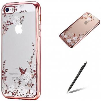 Feeltech Apple Iphone SE/5/5S Funda Ultra Thin Delgado Brillar Suave de TPU Electrochapado Case con Diseño Jardín Secreto Flores El Bling Cristal Diamante Bumper Espalda Cáscara para Apple Iphone SE/5/5S-Rosa Oro Blanco Henna