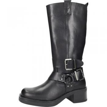 Botas moteras de piel ZAPATOP para mujer en color negro, caña alta, con cremallera y hebillas decorativas, hechas en Portugal
