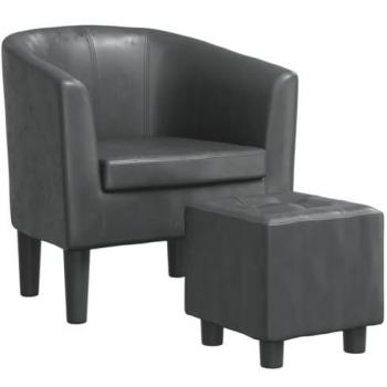 Sillón con Taburete de Cuero Sintético Gris y Diseño Moderno