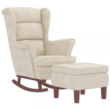 Sillón mecedora patas madera y taburete terciopelo color crema