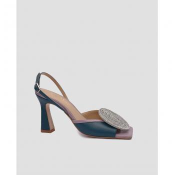 Sandalias de tacón de mujer en piel malva y azul con detalle joya en espiral