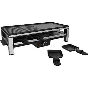 Raclette de Queso y Grill Inoxidable 2000W con Placa Antiadherente, Parrilla Superior Mixta y 8 Sartenes Individuales - Diseño Extraíble