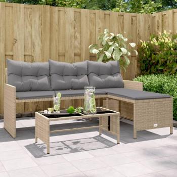 Sofá de Jardín en Forma de L con Mesa y Cojines Ratán PE Beige