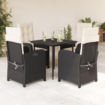 5-Piece Black Poly Rattan Garden Dining Set with Cushions