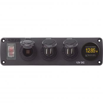 BLUE SEA 4368 Water-Resistant 12V 15A Circuit Accessory Panel Socket, 2-Dual USB, Volt Meter