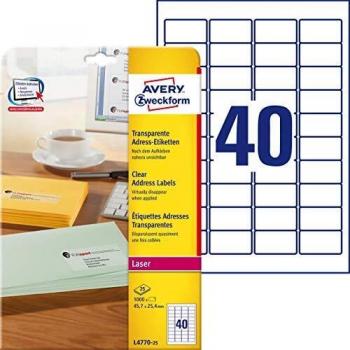 Etiquetas Adres Transparentes A4 45,7 x 25,4 mm Avery Zweckform L4770-25 (1000 unidades)
