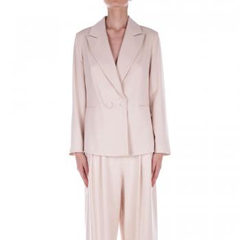 Beige Women's 2XL Cream Double-Breasted Blazer with Pockets