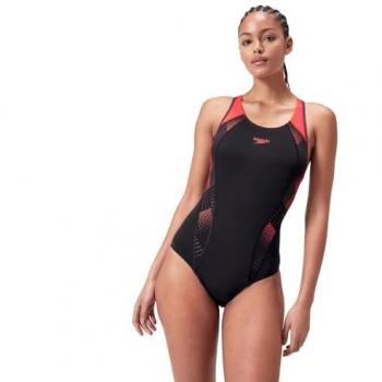 Bañador de natación Speedo Placement Laneback mujer negro/rojo tamaño 38 con paneles estampados