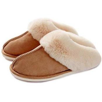 Zapatillas de Casa para Mujer Hombre Antideslizante Fur Pantuflas Cálido Invierno Calienta Interior y Exterior Caqui 36.5-38