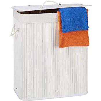 Cesto Ropa Sucia Plegable de Bambú con Tapa y 2 Compartimentos, 95 L, Blanco