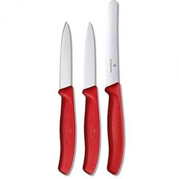 Set de 3 cuchillos de cocina Victorinox Swiss Classic rojos, con filo liso y serrado, ideales para verduras y tomates, duraderos y aptos para lavavajillas