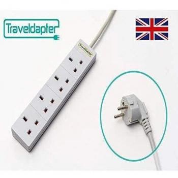 Travel Adapter EUROPE Multi Extension 2 Pin Earthed Plug 4 UK Sockets Moulded Schuko Type F Plug 1.5m Flex VDE & CE Certified