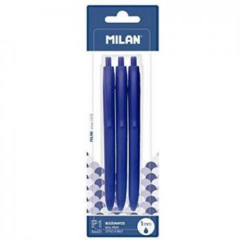 Boligrafo milan p1 retractil 1 mm touch azul blister de 3 unidades
