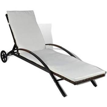 Brown Poly Rattan Sun Lounger with Cushion and Wheels