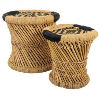 Juego de taburetes de bambú natural y negro con cuerda, 38 x 38 x 38 cm, set de 2 piezas