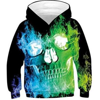 SunFocus 3D Hoodie Niños Niñas Casual Divertido Impreso Azul Humo Calavera Gráfico Negro Sudaderas para niños Sudadera con Capucha de Manga Larga con Bolsillo L