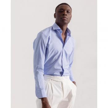 Camisa de hombre slim fit de rayas azules y blancas con cuello italiano