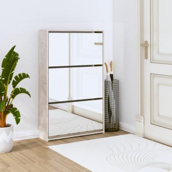 Mueble Zapatero con 3 Cajones Desplegables y Espejo, Color Roble, Blanco, Negro, Dimensiones 63x17x102.5 cm