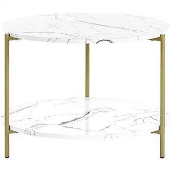 Mesa de Centro Redonda Blanca con Efecto Mármol Dorado y Patas de Metal, 60 cm, Reva
