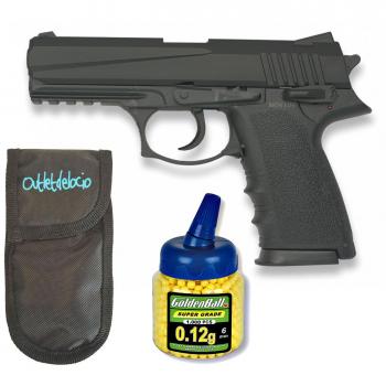 Outletdelocio. Pistola Airsoft HA126 Negra metálica. Calibre 6mm. + Funda portabalines + Biberon 1000 Bolas. 62781/23054/21993
