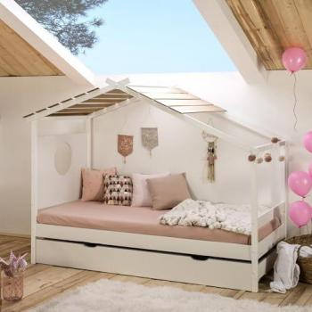 Cama Cabaña con Cama de Arrastre de Madera Blanca 90x190cm